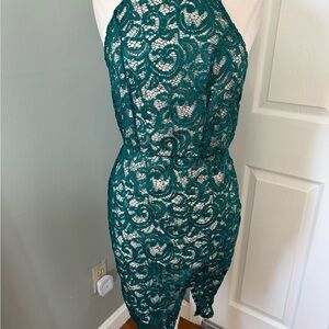 Teal Lace Halter Sheath Dress